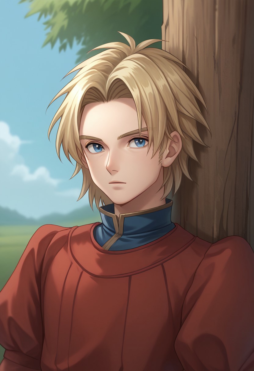 score_9, score_8_up, score_7_up, source_anime, highly detailed, 
kiefer, 1boy, male focus, solo, blonde hair, blue eyes, tunic, red tunic, puffy sleeves, shirt, blue shirt, high collar, upper body,
outdoor, wood,
