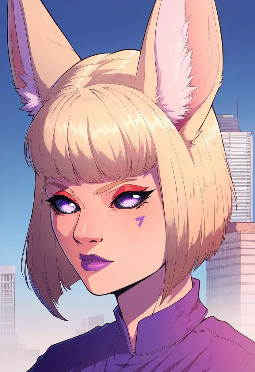 score_9, score_8_up, score_7_up, solo, 1girl, blonde hair, bob cut, (fennec ears),  red eyeshadow, purple eyes, purple lips, large breasts, purple kimono, fox tail, urban, outdoors, portrait, upperbody, p33rs