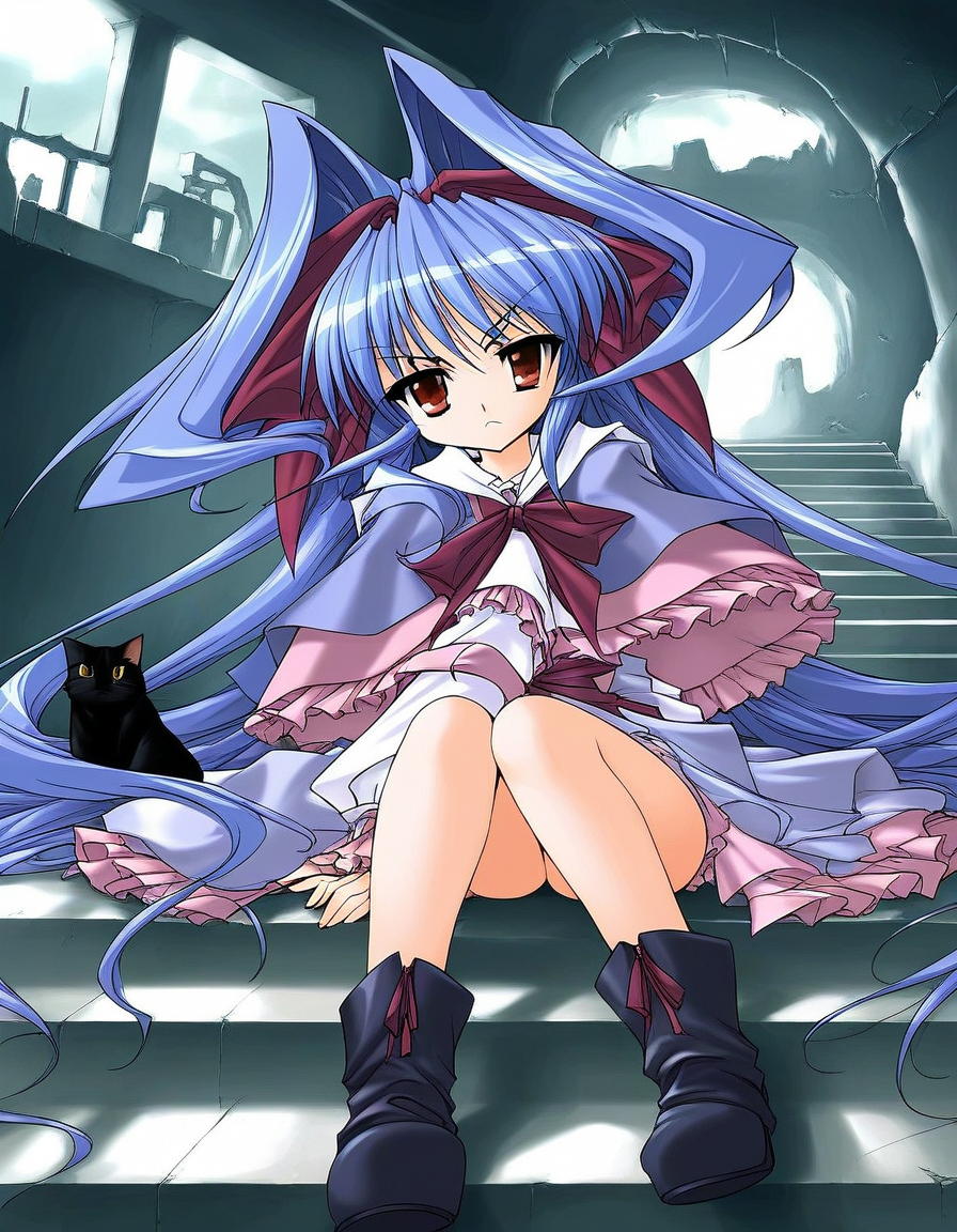 score_9, score_8_up, score_7_up, source_anime, rating_explicit, BREAK  <lora:Shion_mahjong_XL:1> Shion_mahjong, very long hair, blue hair, hair bow, hair intakes, brown eyes,  short stack,
cat, solo,  sitting, stairs, dress, black cat, purple hair, capelet,  red eyes, hair ribbon, bow, serious face, boots, 
ruins, cave,