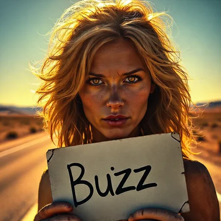 A enchantingly enigmatic woman hitchhiking on a lonely desert road, her face illuminated by the setting sun, holding a sign that simply reads "Buzz". The woman's tousled hair falls in golden waves around her weathered face, her eyes glistening with a mix of determination and vulnerability. The scene is captured in a stunningly vivid and lifelike photograph, with every detail meticulously highlighted to convey a sense of intrigue and mystery. The image exudes a palpable sense of both danger and allure, leaving viewers captivated by the enigmatic figure and wondering about the story behind her journey.