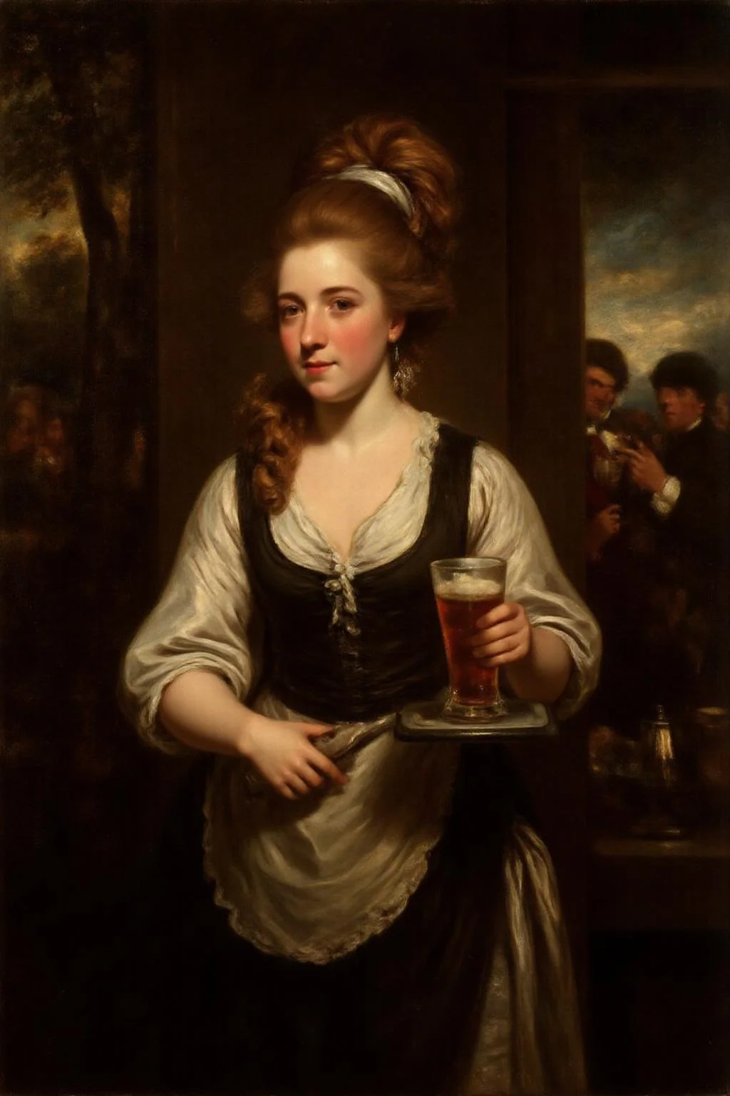 jore1 painting.
The air buzzes with the energy of a busy 18th century tavern, a mix of music, conversation, and the clinking of glasses. A serving wench, the embodiment of youthful vibrancy, navigates the lively scene. She wears an apron and a kerchief, the soft fabric contrasting with the smooth, cold glass of tea she carries on a small tablet.
<lora:jore1_cap_d6a3e12:1.0><lora:818412641375488530:0>