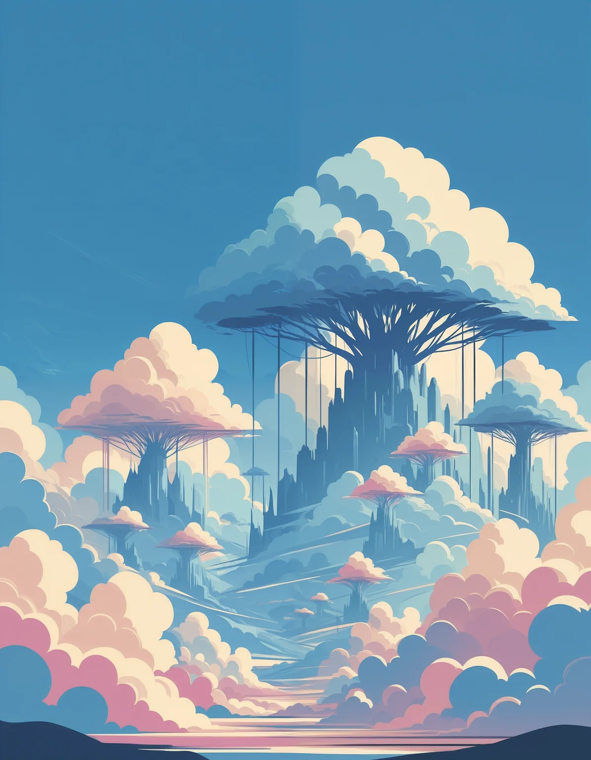 minimalistic, flat color, no lineart, colorful fantasy landscape, gigantic trees, multi level, blue sky, epic clouds