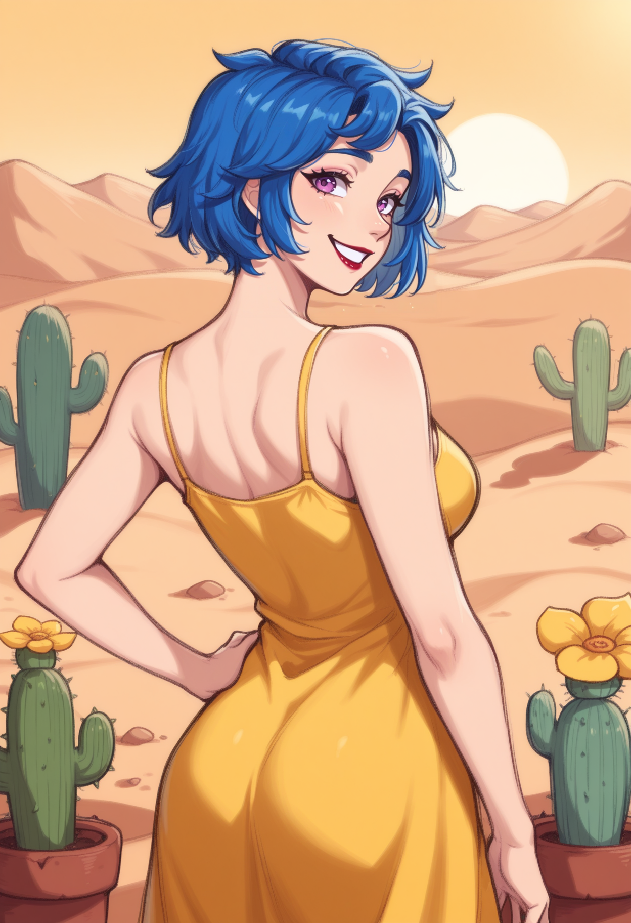 masterpiece, best quality, 1girl, solo,  <lora:NSEmilyStardew:1> NSEmilyStardew, blue hair, purple eyes, lipstick, short hair, yellow sundress, from behind, looking back, spaghetti straps, sleeveless, desert, happy, cactus, flower, cowboy shot, hand on own hip