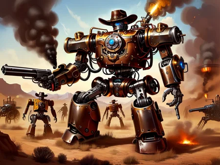 <lora:CulturePunkAI_3:.9> CattlePunkAI battle mech Highly detailed, amazing, Impressive lighting, vibrant colors, Ultra Realistic, High quality, Highly detailed, trending on artstation, intricate detailed background
