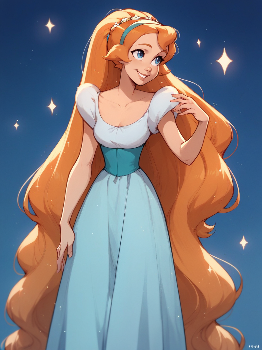 score_9, score_8_up, score_7_up, score_6_up, score_5_up,   <lora:ThumbelinaXLP:1> thumbelina, 1girl, solo, dress, hairband, blue eyes, very long hair, orange hair, sparkles, night sky, smile
