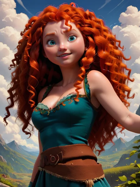 score_9, score_8_up, score_7_up, merida, A woman with long, curly red hair and blue eyes, wearing a teal dress with a brown belt, 1girl, solo, long hair, breasts, looking at viewer, smile, blue eyes, dress, cleavage, bare shoulders, jewelry, medium breasts, upper body, red hair, outdoors, parted lips, sky, day, belt, cloud, blue sky, lips, wavy hair, freckles, blue dress,   
 <lora:princess_rc_pony_v2:0.8>