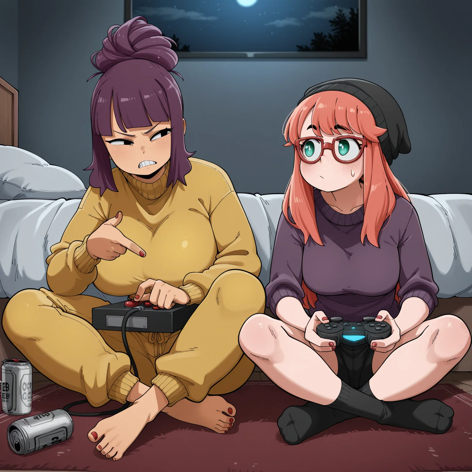 masterpiece, best quality, amazing quality, indoor, bedroom, on floor, carpet, bed,  2girls, side-by-side, beer cans, night, dark, screen light, playing video games,   <lora:IllustriousNWStyleV1:0.8>
2girls, NWCGrab, sitting, indian style, knees up, barefoot, toes, yellow sweatpants, yellow sweater, controller in lap, joystick, arcade stick, purple hair, updo, looking at another, annoyed, clenched teeth, black eyes, dark-skinned female, sidelocks, huge breasts, red nails, nail polish, toenail polish, v-shaped eyebrows, leaning back, profile, pointing at viewer, v, 
2girls, NWCosmica, sitting, indian style, socks, black shorts, purple sweater, sleeves rolled up, holding controller, ps5 controller, black beanie, red hair, long hair, green eyes, freckles, body freckles, thick eyebrows, looking at another, sweatdrop, :/, raised eyebrow, glasses, red-framed eyewear, leaning forward, medium breasts
