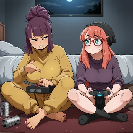 masterpiece, best quality, amazing quality, indoor, bedroom, on floor, carpet, bed,  2girls, side-by-side, beer cans, night, dark, screen light, playing video games,   <lora:IllustriousNWStyleV1:0.8>
2girls, NWCGrab, sitting, indian style, knees up, barefoot, toes, yellow sweatpants, yellow sweater, controller in lap, joystick, arcade stick, purple hair, updo, looking at another, annoyed, clenched teeth, black eyes, dark-skinned female, sidelocks, huge breasts, red nails, nail polish, toenail polish, v-shaped eyebrows, leaning back, profile, pointing at viewer, v, 
2girls, NWCosmica, sitting, indian style, socks, black shorts, purple sweater, sleeves rolled up, holding controller, ps5 controller, black beanie, red hair, long hair, green eyes, freckles, body freckles, thick eyebrows, looking at another, sweatdrop, :/, raised eyebrow, glasses, red-framed eyewear, leaning forward, medium breasts