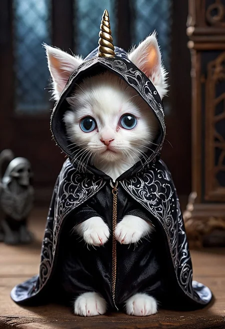 Let's delve into the realm of dark whimsy with a unique creation—a unicorn kitten draped in an eerie reaper costume. Imagine a tiny, fluffy kitten with a shimmering white coat, delicate pastel-colored horn protruding from its forehead, and bright, curious eyes peering out from beneath a hooded reaper cloak. The cloak, a deep, midnight black, billows around the kitten, its fabric adorned with intricate, ghostly patterns that glimmer in the dim light. The kitten's tiny paws extend from the cloak, each one tipped with tiny, gleaming claws that reflect a faint, ethereal glow. A sense of mystery and intrigue surrounds this tiny creature as it gazes up at you with a mix of innocence and otherworldly wisdom, a juxtaposition of the adorable and the eerie blending seamlessly in this captivating portrayal.