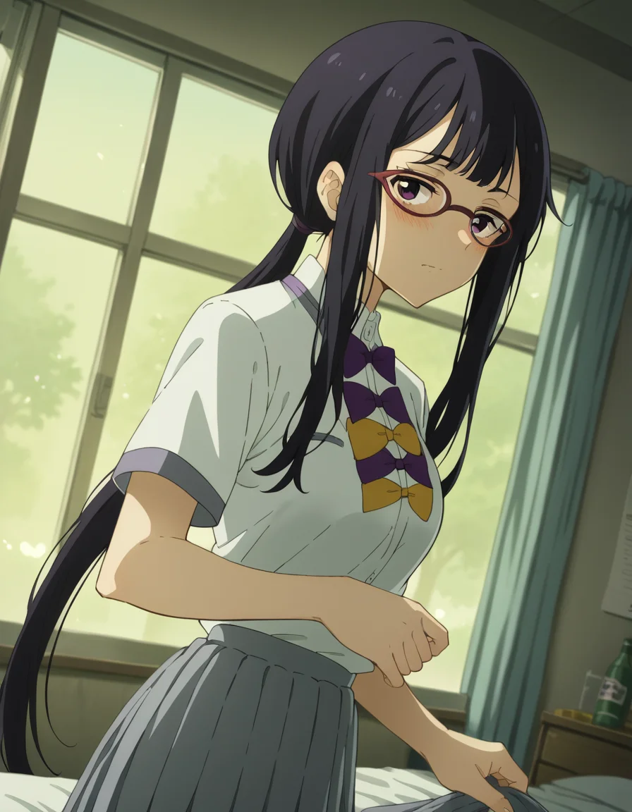 score_9, score_8_up, score_7_up, source_anime, <lora:koto-tsukinoko-alpha-ponyxl-lora-nochekaiser:1>, koto tsukinoko, long hair, bangs, black hair, purple eyes, sidelocks, glasses, low-tied ponytail,, skirt, shirt, bow, school uniform, white shirt, short sleeves, pleated skirt, bowtie, yellow bow, grey skirt, yellow bowtie, purple bow, purple bowtie,, indoors, bed, bed room, on side, blush, drunk, looking at viewer, solo,, cowboy shot, dutch angle
