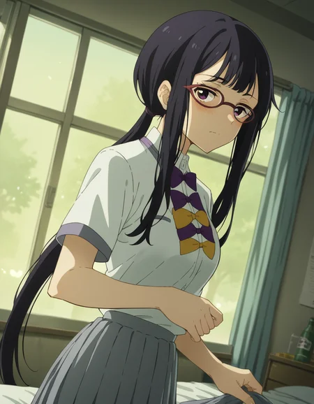 score_9, score_8_up, score_7_up, source_anime, <lora:koto-tsukinoko-alpha-ponyxl-lora-nochekaiser:1>, koto tsukinoko, long hair, bangs, black hair, purple eyes, sidelocks, glasses, low-tied ponytail,, skirt, shirt, bow, school uniform, white shirt, short sleeves, pleated skirt, bowtie, yellow bow, grey skirt, yellow bowtie, purple bow, purple bowtie,, indoors, bed, bed room, on side, blush, drunk, looking at viewer, solo,, cowboy shot, dutch angle