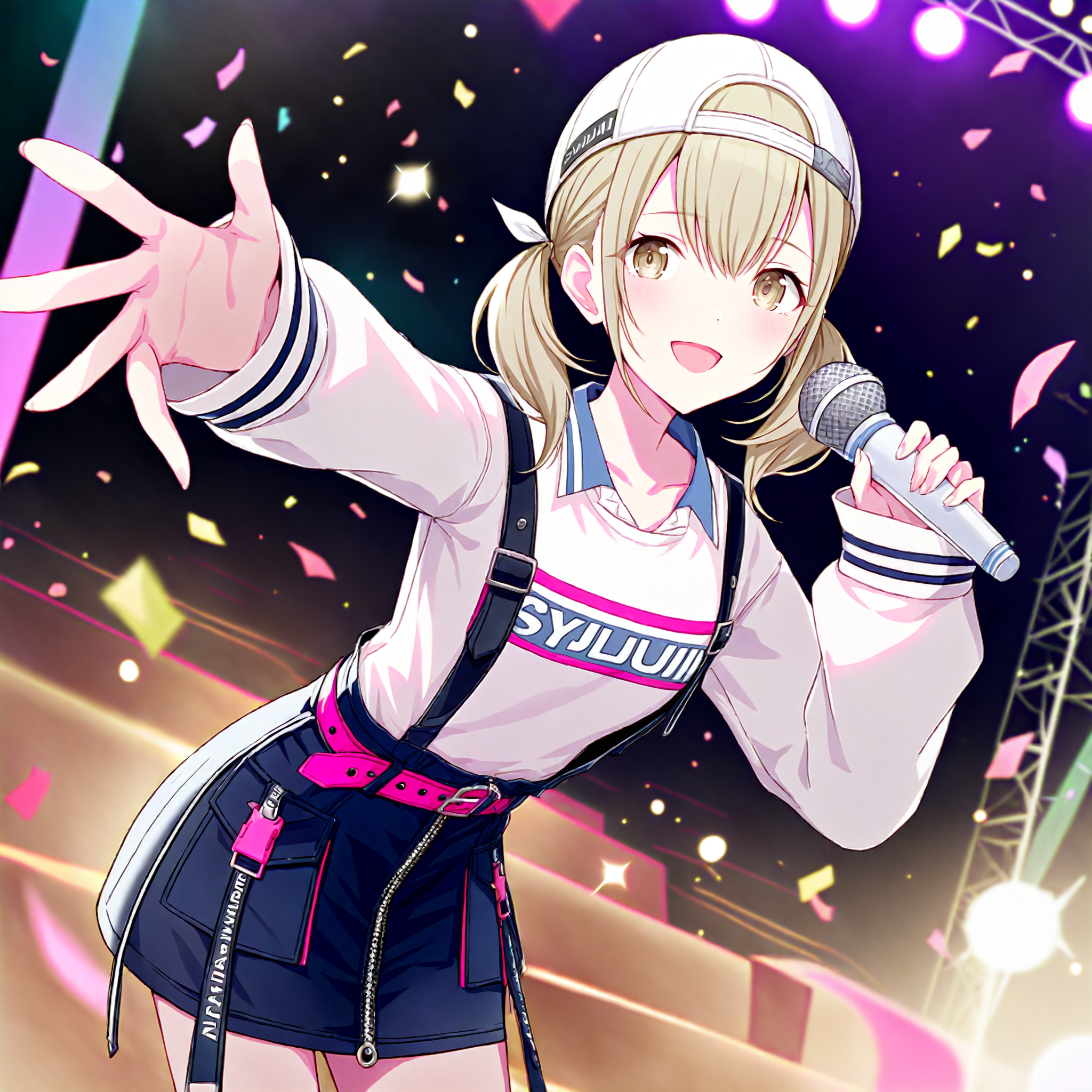 masterpiece, high score, great score, absurdres, watercolor \(medium\),
1girl, azusawa kohane, project sekai, solo,
brandnew , low twintails, blonde short hair, beige eyes, hair between eyes,
(looking at viewer:1.4), standing, contrapposto, :D, singing, (holding microphone:1.2), reaching towards viewer, perfect hand, 
white long sleeves, white cap backwards,  pink belt, black skirt, printed sleeves, zipper, denim skirt, striped, clothes writing, suspender skirt, sleeves past wrists, suspenders, pocket, zipper pull tab, shirt tucked in, wing navy collar, buckle, miniskirt,  
stage, stage light, neon light, confetti-flurry, psyllium,
<lora:xl40-vbs-BNKh01:0.8>