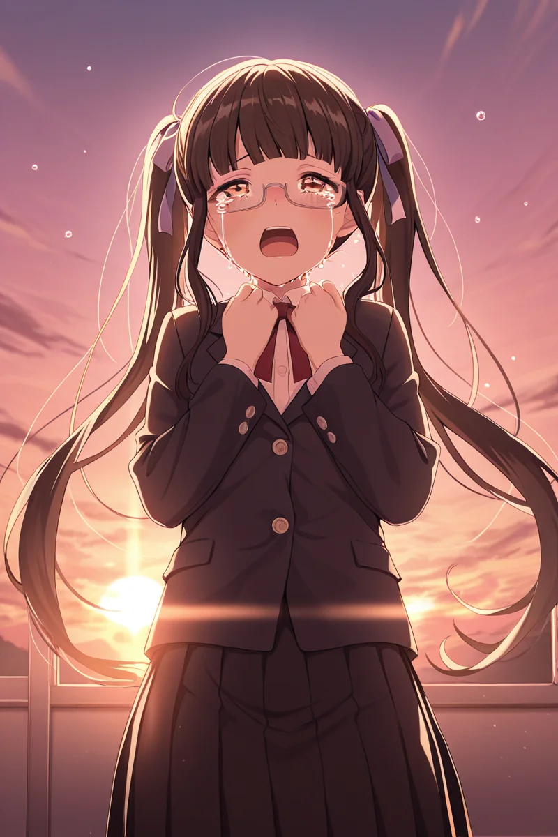 masterpiece, best quality, amazing quality,
<lora:PAREO_IL:1> pareo, 1girl, glasses, solo, crying, long hair, skirt, twintails, tears, school uniform, jacket, open mouth, pleated skirt, crying with eyes open, ribbon, sky, sunset, black skirt, reona
