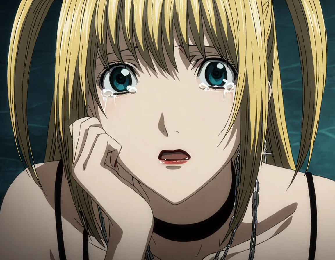 1girl, misa amane, sitting, blonde hair, black bra top, pig tails, sitting, crying, Earrings, <lora:perfect-eyes:1>, perfecteyes, <lora:misa_amane-step00003500:1>