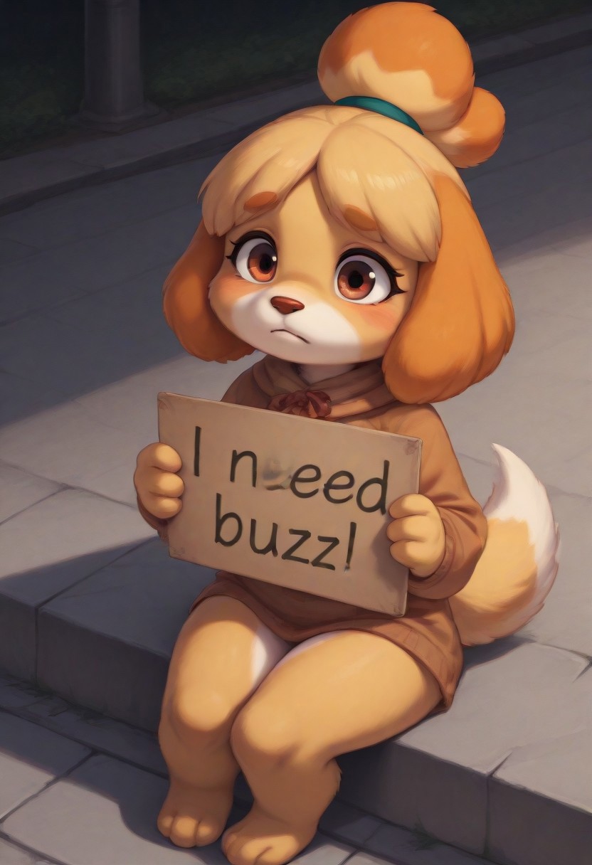 masterpiece,best quality,amazing quality,very aesthetic,high resolution,ultra-detailed,detailed background,absurdres,newest, high quality,
homeless sitting on sidewalk sad
Isabelle_\(Animal Crossing\) 
Yellow-White Fur,Orange Floppy Ears,hair is tied up with a ribbon that has a bell on top,White Tipped Tail 
need_buzz, holding sign saying "I need buzz"