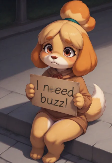masterpiece,best quality,amazing quality,very aesthetic,high resolution,ultra-detailed,detailed background,absurdres,newest, high quality,
homeless sitting on sidewalk sad
Isabelle_\(Animal Crossing\)
Yellow-White Fur,Orange Floppy Ears,hair is tied up with a ribbon that has a bell on top,White Tipped Tail
need_buzz, holding sign saying "I need buzz"