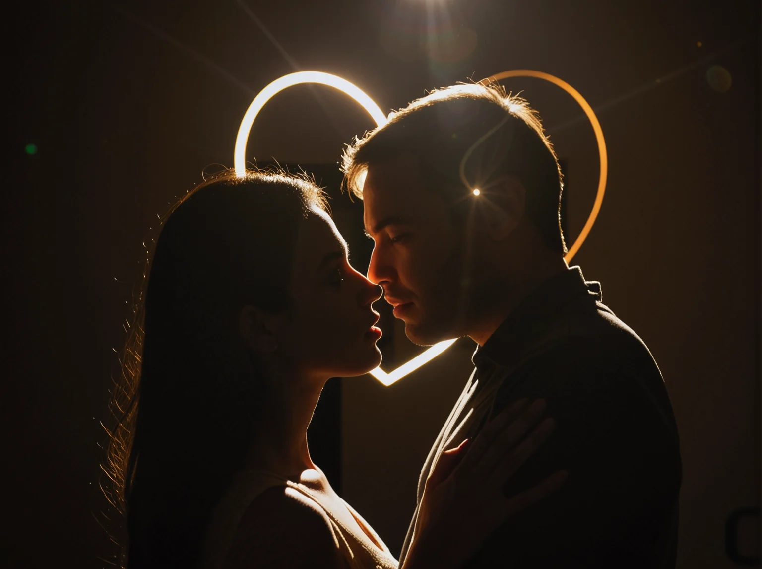 (strong rim backlight, only edge outline), strong bright love shape outline light, it resembles love hart,  strong shadow, desi Indian woman and man trusting each other, eyes wide open, look each other eyes,  intense emotion, trustworthy, creative art, glow, bloom,  simple soft expression, fully clothed, strong dark shadow, eyes wide open, forehead touching each other, holding faces, dark foreground, ((strong huge love symbol outline mark, love symbol shape lens flare))