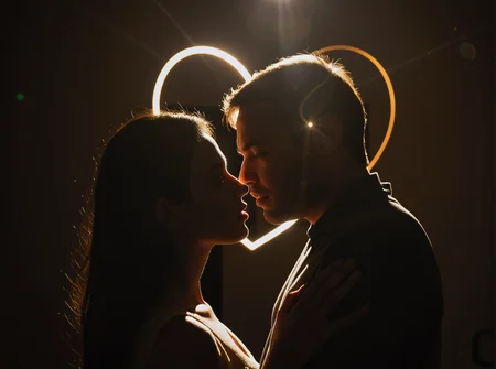(strong rim backlight, only edge outline), strong bright love shape outline light, it resembles love hart, strong shadow, desi Indian woman and man trusting each other, eyes wide open, look each other eyes, intense emotion, trustworthy, creative art, glow, bloom, simple soft expression, fully clothed, strong dark shadow, eyes wide open, forehead touching each other, holding faces, dark foreground, ((strong huge love symbol outline mark, love symbol shape lens flare))