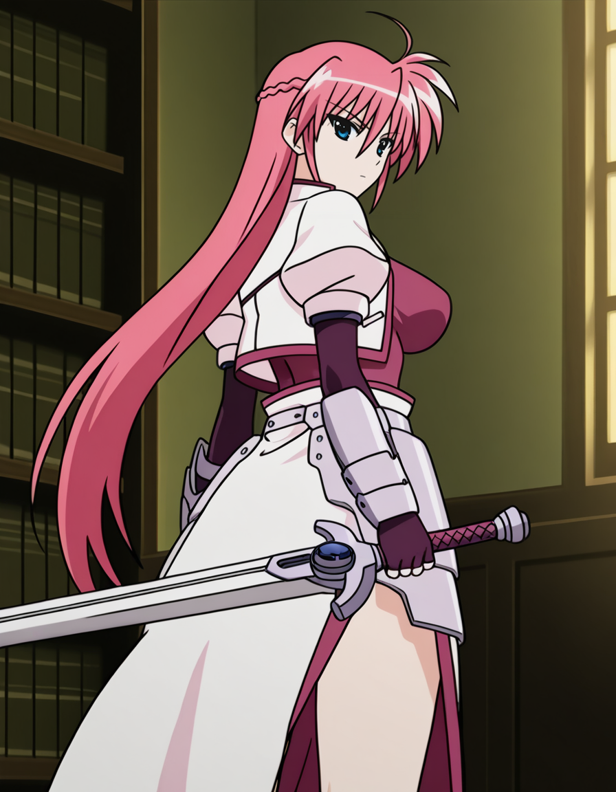signum,magical girl,blue eyes,pink hair,very long hair,ahoge,open jacket,cropped jacket,gauntlets,armor,fingerless gloves,waist cape,(hat:-1),
weapon,sword,Holding a weapon in hand, gripping sword,day,bookshelf,
looking at viewer,
(from behind:1.5),
medium large breasts,
perky breasts,explicit,hair between eyes,best quality,very aesthetic,absurdres,16k,intricate detail,amazing quality,(bold:3.12),thick outline,black outline,harsh lines,soft lines,deluster,boldline,curvy,serious,slim,
(anime screencap),(anime coloring:1.2), animated painting, animated gif,2d cel anime,anime cap,anime,anime style,anime cel,Cel shading,cel shaded,soft brightness,perfect face,perfect nose, perfect hair, perfect eyes,perfect female body,perfect skin,a face of perfect proportion,perfect lighting,perfect anatomy,perfect proportion,perfect hands,perfect legs,perfect fingers,masterpiece,super fine illustration,detailed linework,vibrant colors,kawaii,flat color,
 <lora:é­æ³å°å¥³ãªãªã«ã«ãªã®ã¯ã·ã°ãã illustriousMagical_Girl_Lyrical_NANOHASignumillustrious:1:0.8>