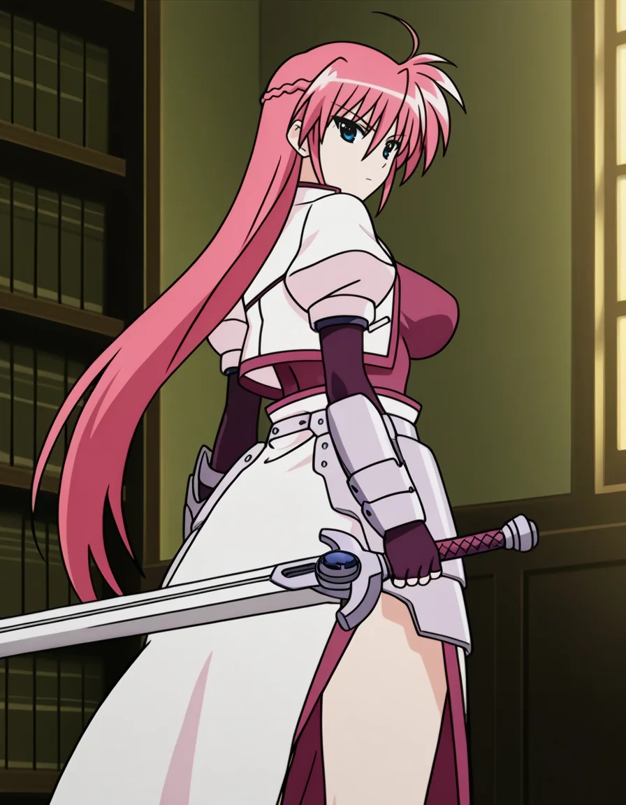 signum,magical girl,blue eyes,pink hair,very long hair,ahoge,open jacket,cropped jacket,gauntlets,armor,fingerless gloves,waist cape,(hat:-1),
weapon,sword,Holding a weapon in hand, gripping sword,day,bookshelf,
looking at viewer,
(from behind:1.5),
medium large breasts,
perky breasts,explicit,hair between eyes,best quality,very aesthetic,absurdres,16k,intricate detail,amazing quality,(bold:3.12),thick outline,black outline,harsh lines,soft lines,deluster,boldline,curvy,serious,slim,
(anime screencap),(anime coloring:1.2), animated painting, animated gif,2d cel anime,anime cap,anime,anime style,anime cel,Cel shading,cel shaded,soft brightness,perfect face,perfect nose, perfect hair, perfect eyes,perfect female body,perfect skin,a face of perfect proportion,perfect lighting,perfect anatomy,perfect proportion,perfect hands,perfect legs,perfect fingers,masterpiece,super fine illustration,detailed linework,vibrant colors,kawaii,flat color,
<lora:éæ³å°å¥³ãªãªã«ã«ãªã®ã¯ã·ã°ãã illustriousMagical_Girl_Lyrical_NANOHASignumillustrious:1:0.8>