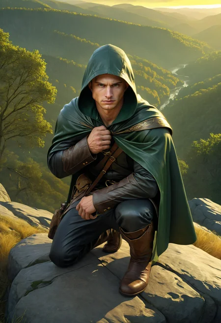 <lora:gavin_croghan_sdxl-000010:1> gavinperson, as a forest ranger in dark leather armor with a green hooded cloak, bow slung across his back, crouched at the edge of a cliff overlooking a forest valley, golden hour lighting, fantasy realism, detailed environment, photorealistic style, cinematic fantasy lighting, highly detailed, artistic fantasy style, extremely high quality image, HDR, fantasy, photo Centered in Perfect Composition, Complex Details Showing Unique and Enchanting Elements, Very Detailed Digital Painting, Golden Ratio, Dramatic Lighting, Very Realistic,