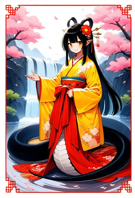 masterpiece, ultra-detailed, best quality, 8K, illustration, absolutely eye-catching, 1girl, solo, sn4ke, snake girl, lamia, cute girl, BREAK cute, teenage, pointed ears, smile, highly detailed beautiful face and eyes, long hair, hair ornament, kimono, snake tail, kawaii, happy, joyfull, cute expression, coiled snake body, A big mountain with a waterfall and a beautiful sakura tree in the background, pink petals floating around, detailed, sinoink, chinese ink style, flat colors, pastel colors