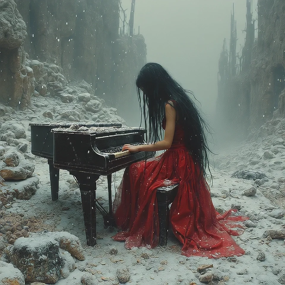 A cinematic scene of a gothic woman with long black hair wearing a crimson red dress playing the piano in the ruins of a futuristic civilisation. It is mountainous environment covered in snow and frost. The ground is littered in dark grey metal and debris. Dense fog and a grey overcast sky make the painting desaturated and moody.