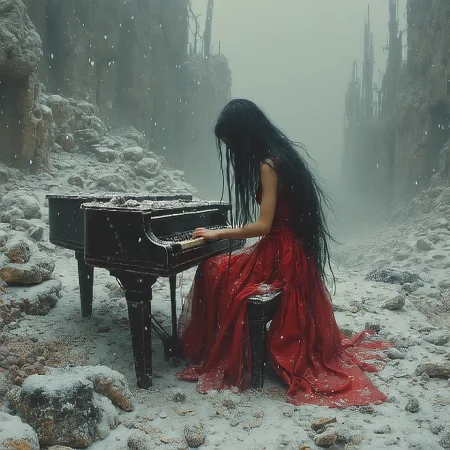 A cinematic scene of a gothic woman with long black hair wearing a crimson red dress playing the piano in the ruins of a futuristic civilisation. It is mountainous environment covered in snow and frost. The ground is littered in dark grey metal and debris. Dense fog and a grey overcast sky make the painting desaturated and moody.