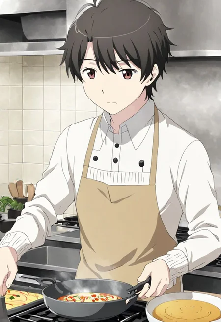 high resolution, solo, best quality, 1Boy, Inaho Kaizuka, Black Hair, Brown Eyes, cooking, kitchen, OverallDetail