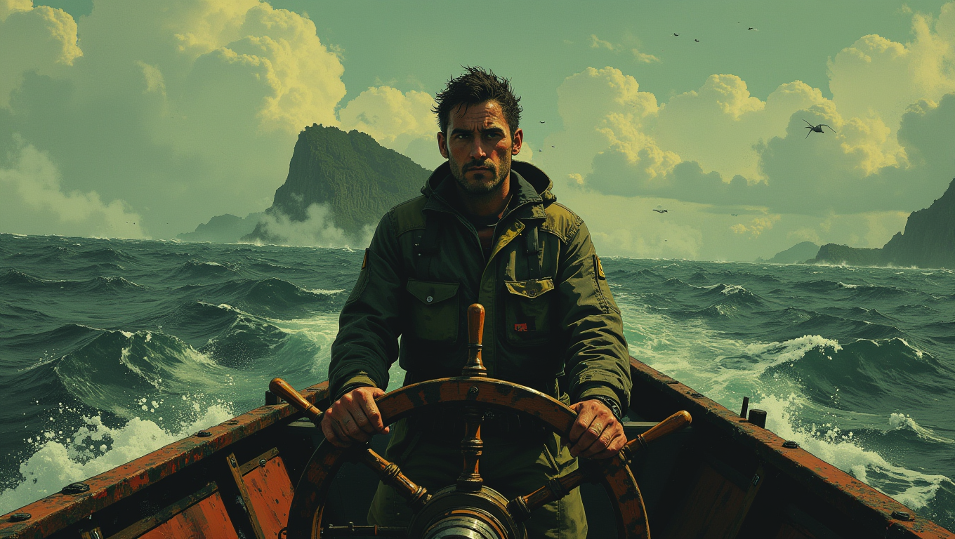 A solitary sailor, weathered by the sea, standing at the helm of a small boat. The ocean around him is vast and turbulent, but his hands are steady on the wheel. His face is stern and determined, eyes scanning the horizon for land
<lora:Luminous_Shadowscape:0.6>