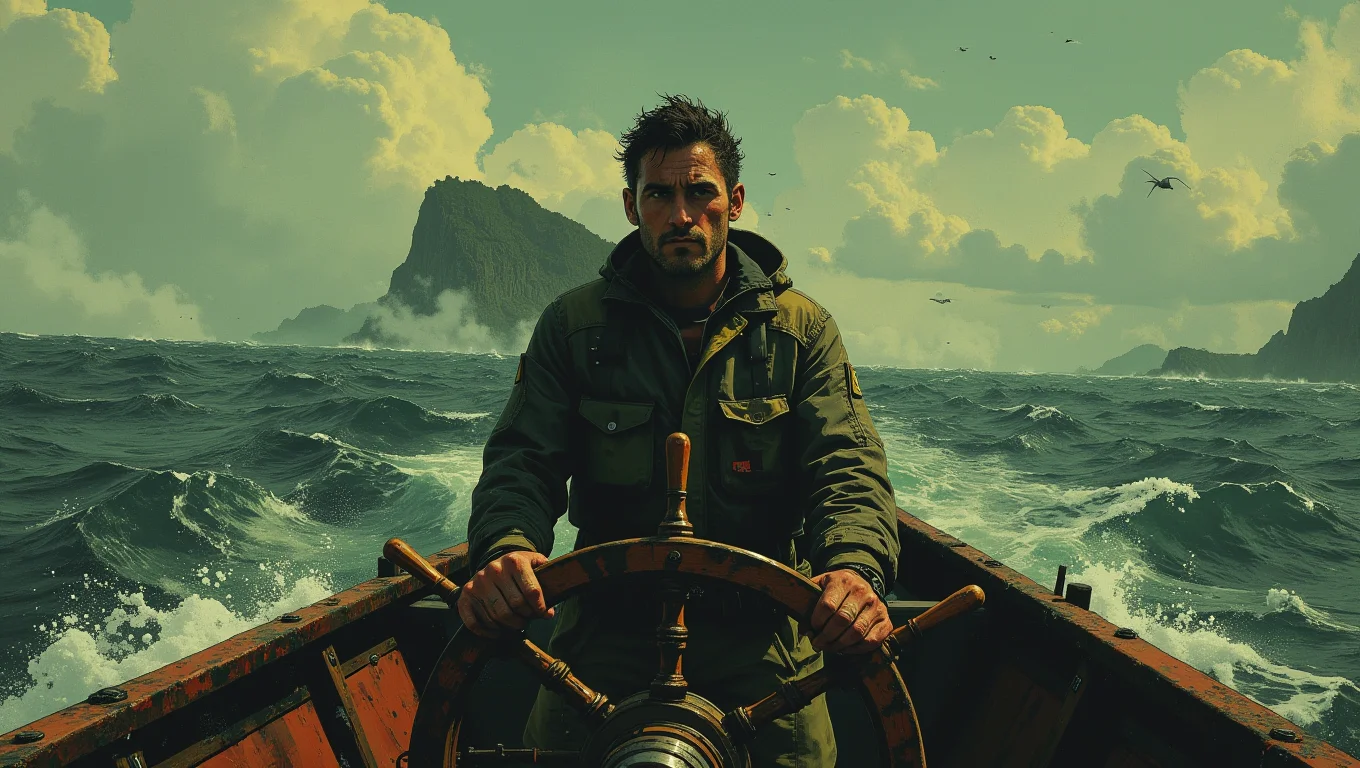 A solitary sailor, weathered by the sea, standing at the helm of a small boat. The ocean around him is vast and turbulent, but his hands are steady on the wheel. His face is stern and determined, eyes scanning the horizon for land
<lora:Luminous_Shadowscape:0.6>