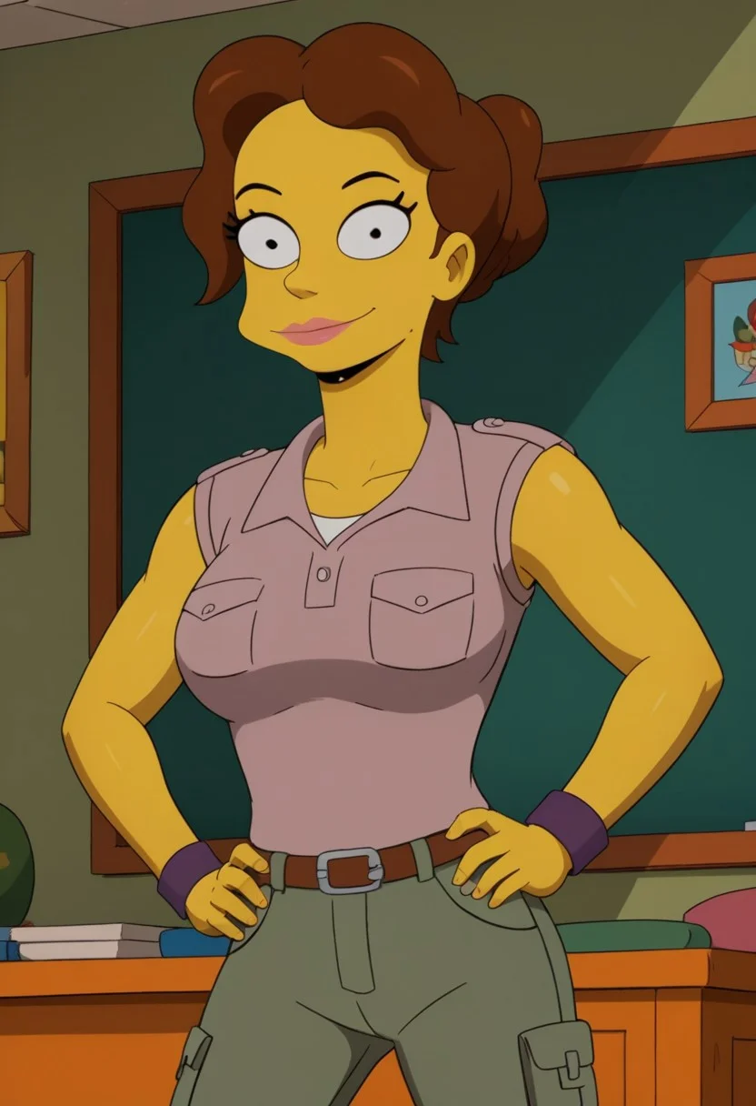 ((bedroom background)),score_9, score_8_up, score_7_up,score_6_up, 
1girl, solo, CarolB_TS, yellow skin, black eyes, dark brown hair, voluminous wavy hair, hair gathered in a loose bun, purple wristband, dull pink sleeveless shirt, green short cargo pants, brown belt with silver buckle, dark purple military boots, big eyes, tall stature, social smile, perfect eyes, perfect smile, looking at the viewer, big breasts, detailed eyes, perfect eyes, cute, standing, (front pose, bust shot, close up to face, face portrait:1) hands on hips