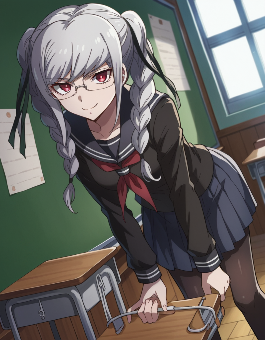 score_9, score_8_up, score_7_up, source_anime,
pekopekoyama, <lora:peko-pekoyama-s2-ponyxl-lora-nochekaiser:1>,
peko pekoyama, braid, long hair, red eyes, twin braids, glasses, white hair,
black pantyhose, black shirt, brown footwear, collarbone, pantyhose, pleated skirt, school uniform, serafuku, shirt, shoes, skirt,
indoors, classroom, bent over, smile,
looking at viewer, cowboy shot, dutch angle, solo,