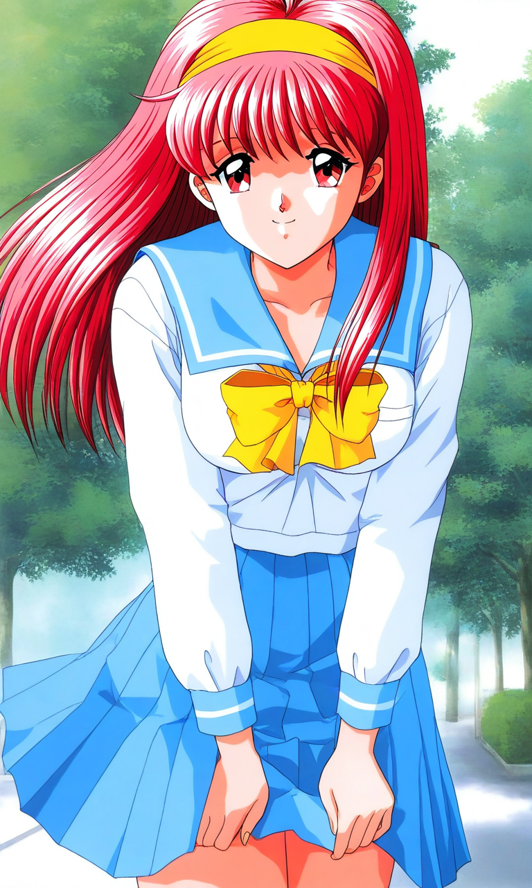 general,highres, ultra-detailed,very aesthetic,best quality ,best hands, BREAK <lora:Fujisaki_Shiori_Tokimeki_Memorial_Ver2.0_IS:1>
Fujisaki_Shiori(Tokimeki_Memorial), 1girl, solo, long hair, Yellow hairband, red hair, red eyes,pink hair, bangs, large breasts,
school uniform, serafuku, skirt, bow, smile, long sleeves, yellow bow, blue skirt, 
pleated skirt, head out of frame, white background, sailor collar, simple background, blue sailor collar, looking at viewer,
outdoor, tree,