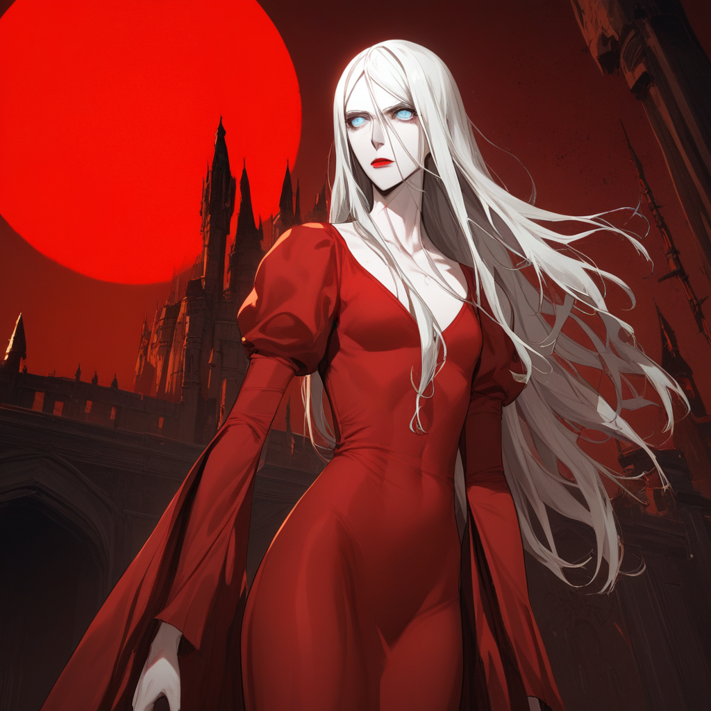 source_anime, ((score_9)),score_8_up,score_7_up,score_6_up,score_5_up,score_4_up, 1woman, carmilla_(castlevania), castlevania_(netflix), castlevania style, castl3van1a5tyl3,  (Masterpiece), (anime, illustration), 4k, high res, highest quality, ray tracing, perfect eyes, BREAK, A beautiful woman stands in a tight-fitting, red dress,  Carmilla, carmilla_(castlevania), 1woman, vampire, pale skin, albino, red dress, long dress, pauldrons, long hair, white hair, long hair, (blue eyes:1.2), by a window,  Red sky, full moon, castle,