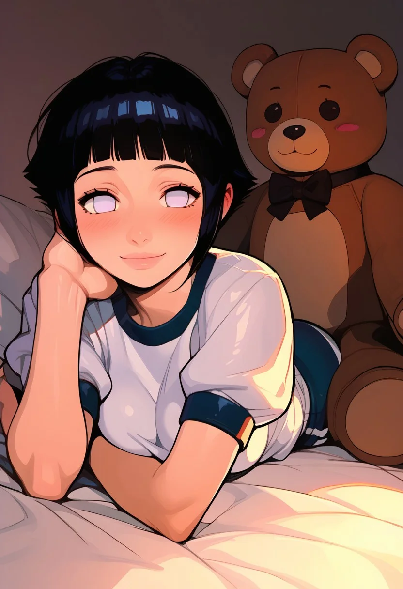 (score_9, score_8_up, score_7_up, score_6_up), dynamic angle, anime realism, UHD, beautiful, 8k, source_anime, (anime style:1.1), cute, shy smile,Semi-realism, 1girl, solo focus, hyuuga hinata, 1girl, black hair, short hair, white eyes, no pupils
, medium breasts, on stomach, on bed, teddy bear hug, blush, happy, smile, gym uniform, (full body:1.2),