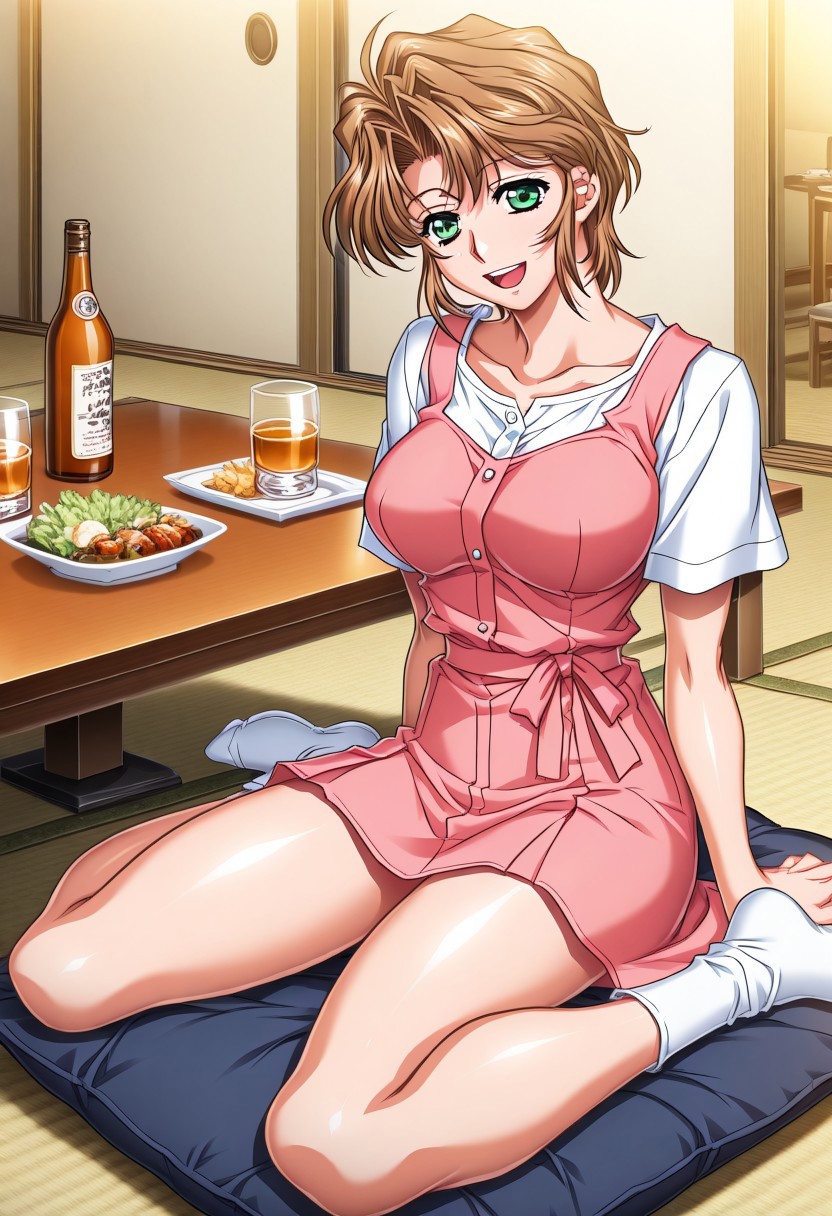 masterpiece, best quality, newest, highres, uncensored, 1girl, yokota mamoru style,1girl,
Hiizumi Hikaru,Brown Hair, Curtained Hair, Short Hair, Wavy Hair,Green Eyes,Slim
 table, food, sitting, alcohol, smile,socks, cup, open mouth, 1girl, indoors, tatami, dress, bottle, blue eyes, restaurant, wariza, cushion