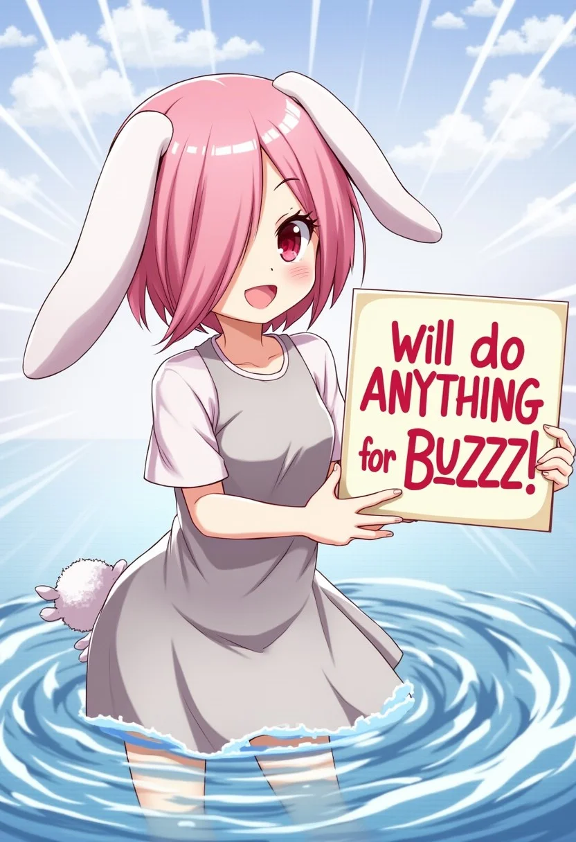 score_9, score_8_up, score_7_up, Source_anime, high res image,masterpiece,best quality, rippling waves, godrays, penthouse apartment background, detailed illustration, 1dk
BREAK
1girl, mgqbarbun,1girl,pink hair,short hair,red eyes,rabbit ears,rabbit girl,hair over one eye,
BREAK
holding a sign that says, "Will do ANYTHING for BUZZ!"