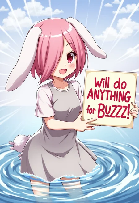 score_9, score_8_up, score_7_up, Source_anime, high res image,masterpiece,best quality, rippling waves, godrays, penthouse apartment background, detailed illustration, 1dk
BREAK
1girl, mgqbarbun,1girl,pink hair,short hair,red eyes,rabbit ears,rabbit girl,hair over one eye,
BREAK
holding a sign that says, "Will do ANYTHING for BUZZ!"