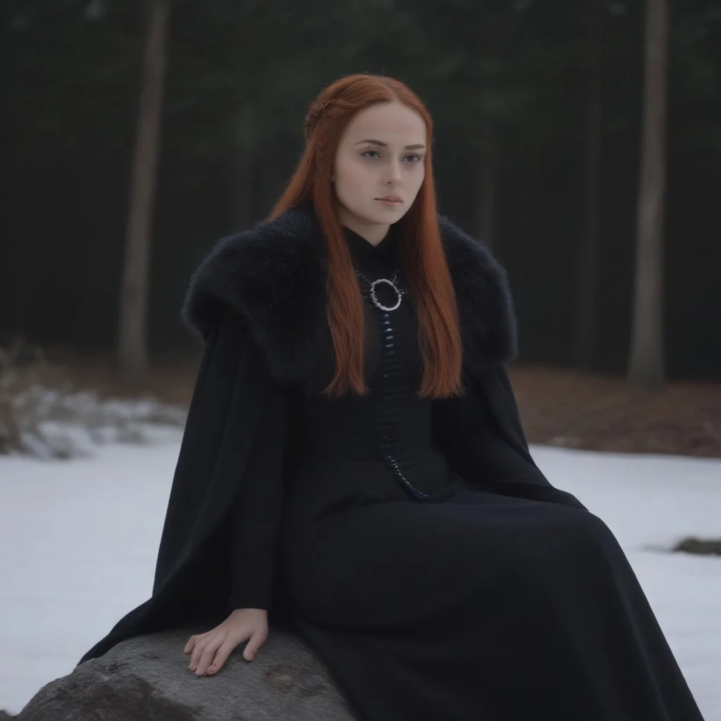 masterpiece, best quality, SansaStark, 1girl, solo, long hair, red hair, blue eyes, black dress, fur trim, cape, sitting on rock, forest, <lora:SansaStark_illustrious_Leaf2:1>, snow, outdoors,
