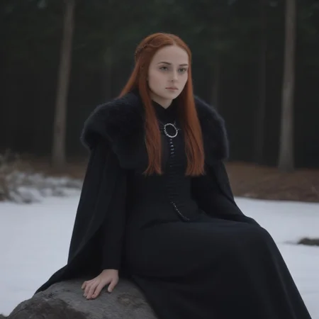 masterpiece, best quality, SansaStark, 1girl, solo, long hair, red hair, blue eyes, black dress, fur trim, cape, sitting on rock, forest, <lora:SansaStark_illustrious_Leaf2:1>, snow, outdoors,
