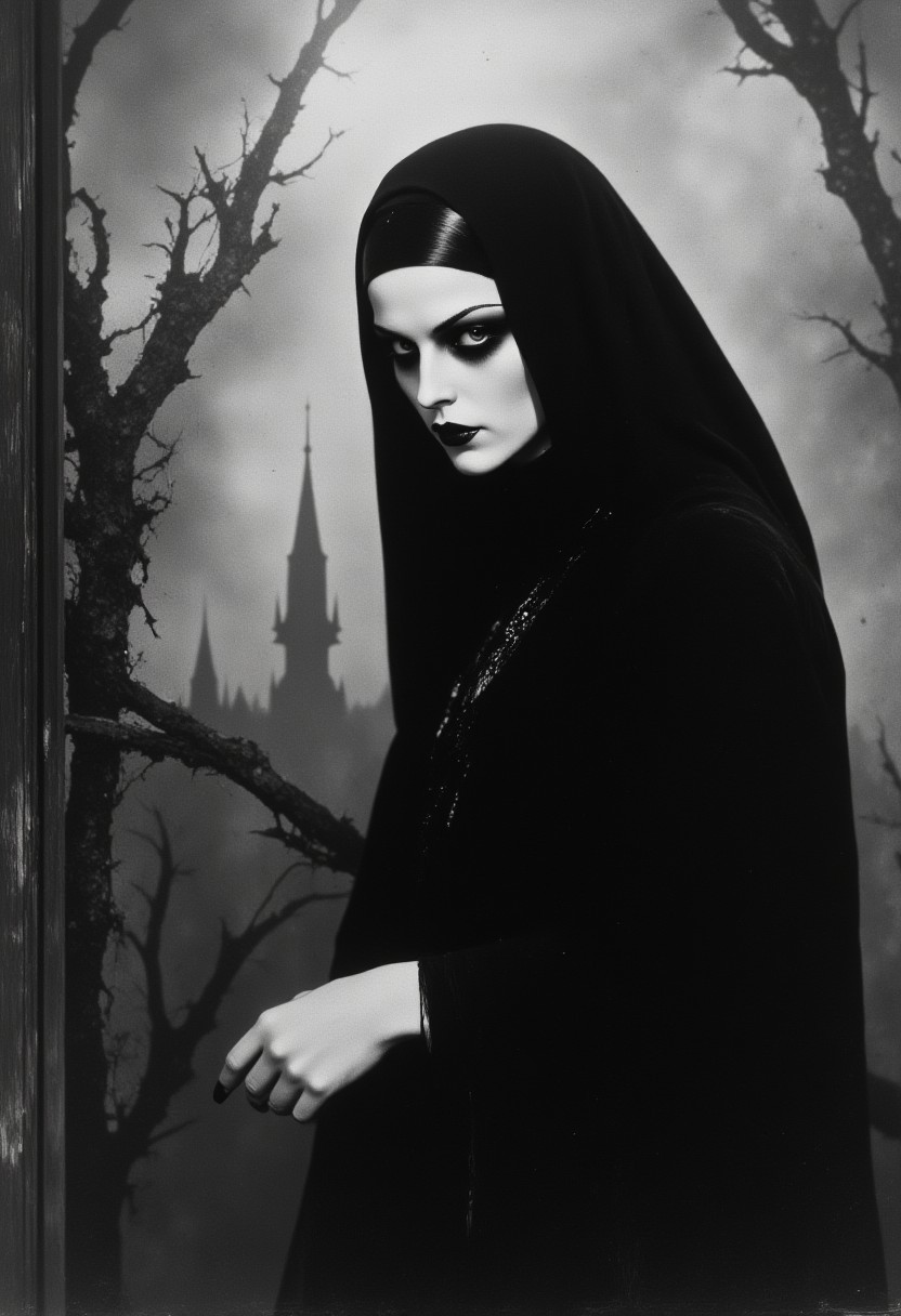 Black and white image, nun, ecclesiast, religious mystique, mythp0rt, ArsMovieStill, 20s Silent Movie Still