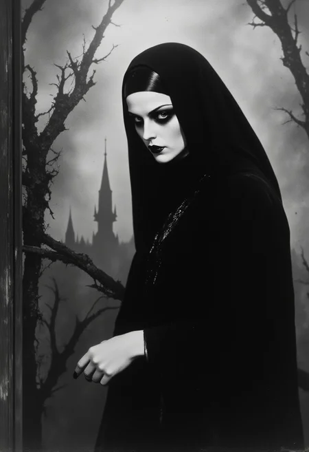 Black and white image, nun, ecclesiast, religious mystique, mythp0rt, ArsMovieStill, 20s Silent Movie Still