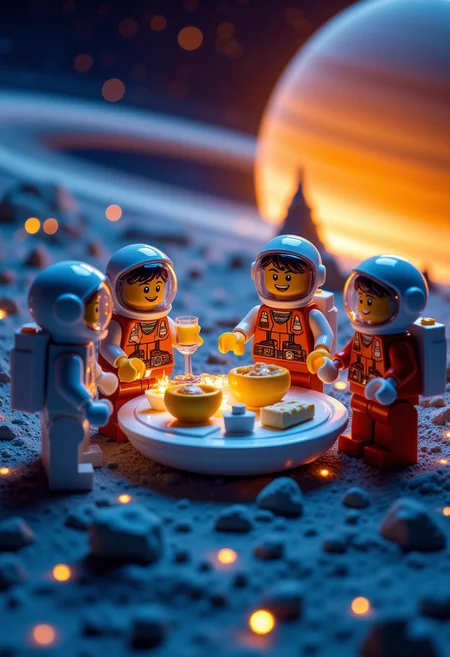 LEGO astronauts host a intergalactic tea party on the rings of Saturn, serving moon cheese and comet cocktails.
aidmamj6.1, aidmafluxpro1.1