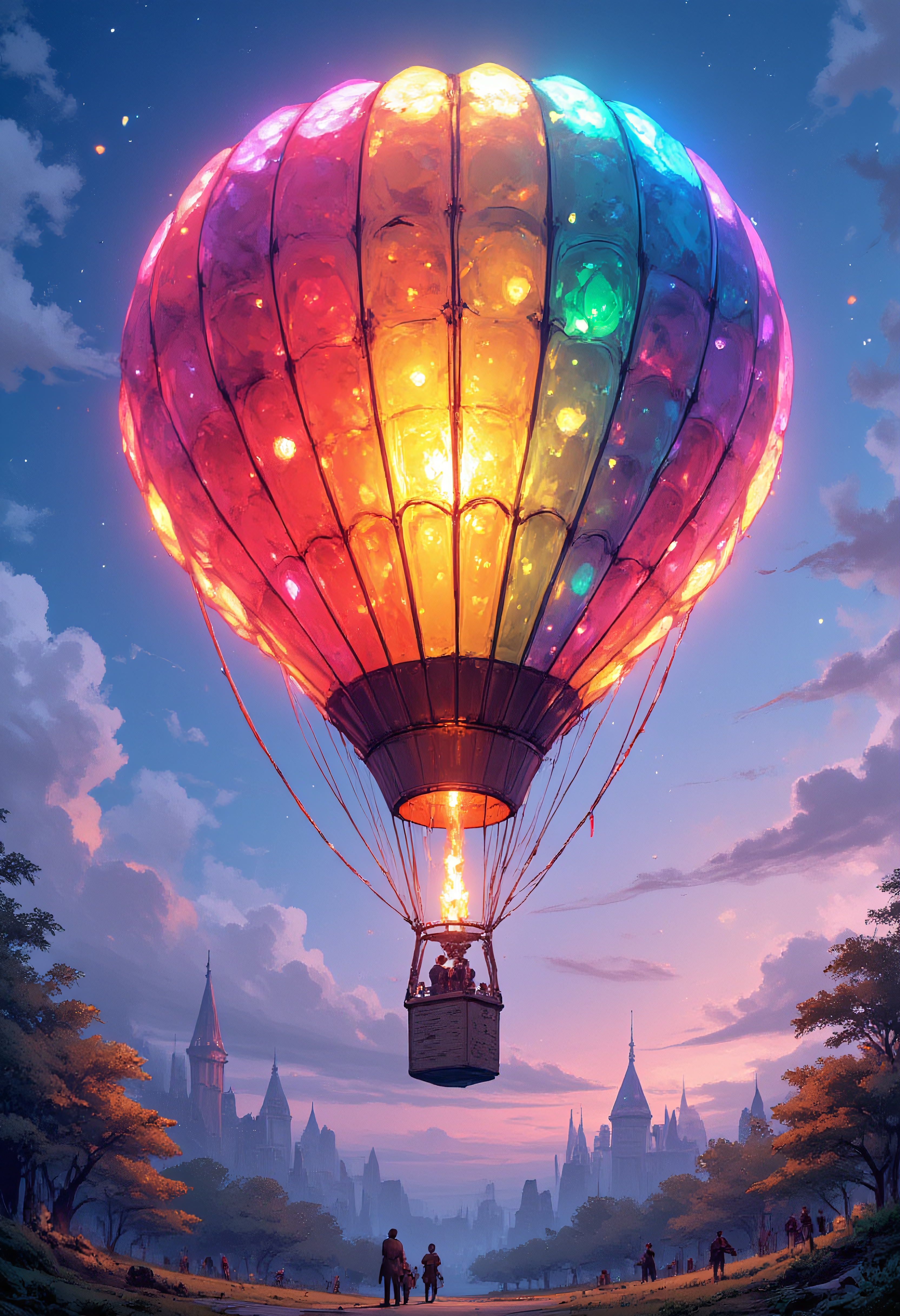 Digital 3d painting, A Rainbow Jelly Fish Hot Air Balloon glows bright floating in the sky, vibrant, sharp, extreme details, 8k
