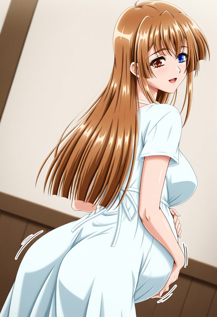 masterpiece, best quality, newest, highres, uncensored, 1girl, yokota mamoru style,motion lines,1girl,Katakura Eimi,Brown Hair, Long Hair, Sidehair, Spiky Bangs, Straight Hair,Brown Eyes, Tareme Eyes, Slim, Young-adult,pregnant, solo, long hair, blue eyes, smile, green eyes, looking back, hands on own stomach, dress, open mouth, heterochromia, hand on own stomach, dutch angle