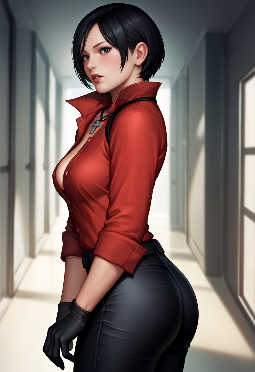 score_9, score_8_up, score_7_up, source_anime, realistic BREAK 1girl, solo, lips, red lips, lipstick, blush, <lora:adawong-re-richy-v1_pdxl:1> adashirt, black hair, short hair, black eyes, red shirt, cross necklace, cleavage, black gloves, partially unbuttoned, black pants, parted lips, from side, ass, looking back, looking at viewer, thighs, indoors, science fiction, hallway