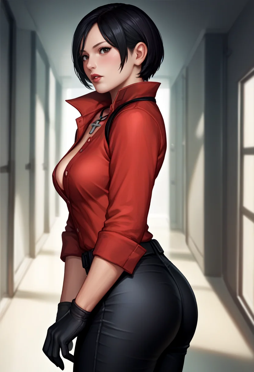 score_9, score_8_up, score_7_up, source_anime, realistic BREAK 1girl, solo, lips, red lips, lipstick, blush, <lora:adawong-re-richy-v1_pdxl:1> adashirt, black hair, short hair, black eyes, red shirt, cross necklace, cleavage, black gloves, partially unbuttoned, black pants, parted lips, from side, ass, looking back, looking at viewer, thighs, indoors, science fiction, hallway