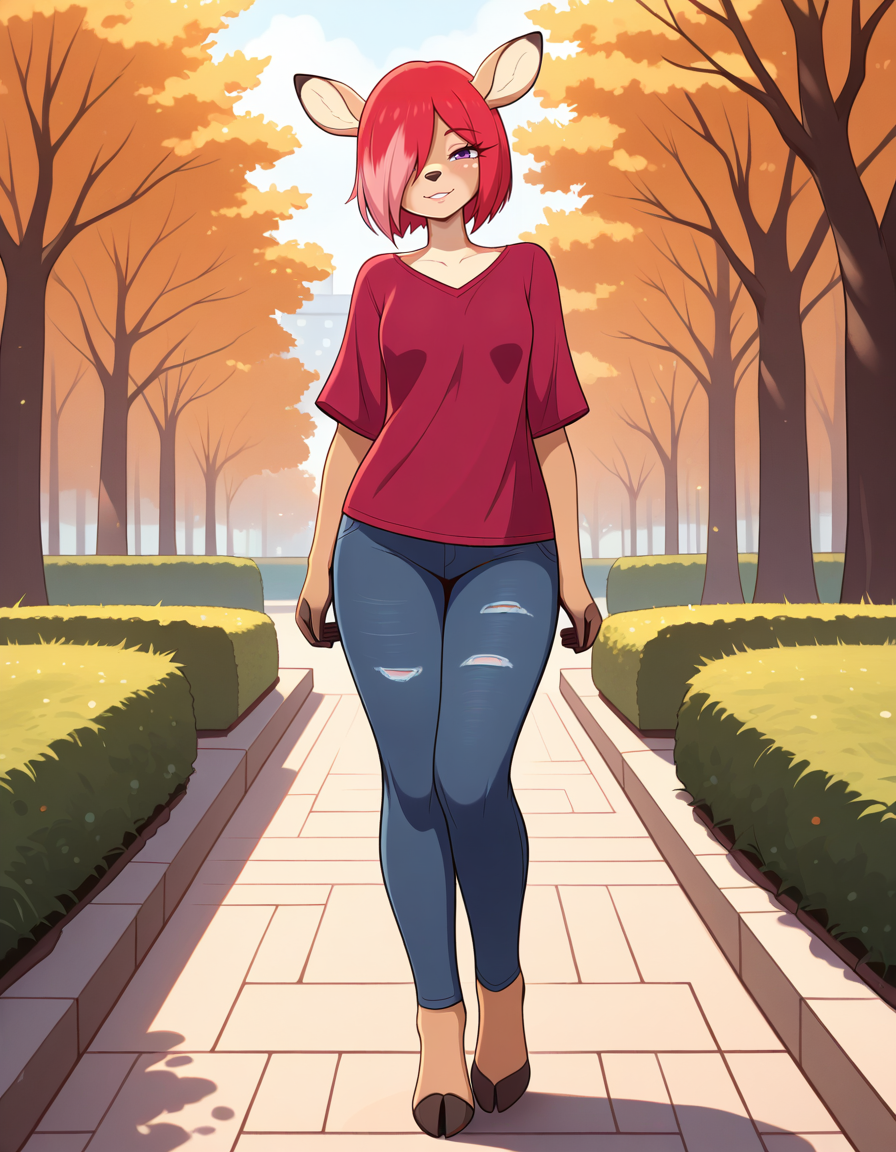 masterpiece, best quality, very aesthetic, absurdres,
outdoors, casual, 
full body, standing, posing, 
seductive smile, parted lips, long eyelashes,
<lora:Allie_v01_NAIXL:1>
A11lie,1girl,solo,furry,furry female,deer,deer ears,short hair,red hair,pink hair,hair over one eye,purple eyes,snout,animal nose,body fur,brown fur,deer tail,hooves,