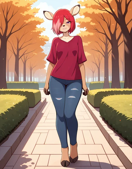 masterpiece, best quality, very aesthetic, absurdres,
outdoors, casual,
full body, standing, posing,
seductive smile, parted lips, long eyelashes,
<lora:Allie_v01_NAIXL:1>
A11lie,1girl,solo,furry,furry female,deer,deer ears,short hair,red hair,pink hair,hair over one eye,purple eyes,snout,animal nose,body fur,brown fur,deer tail,hooves,